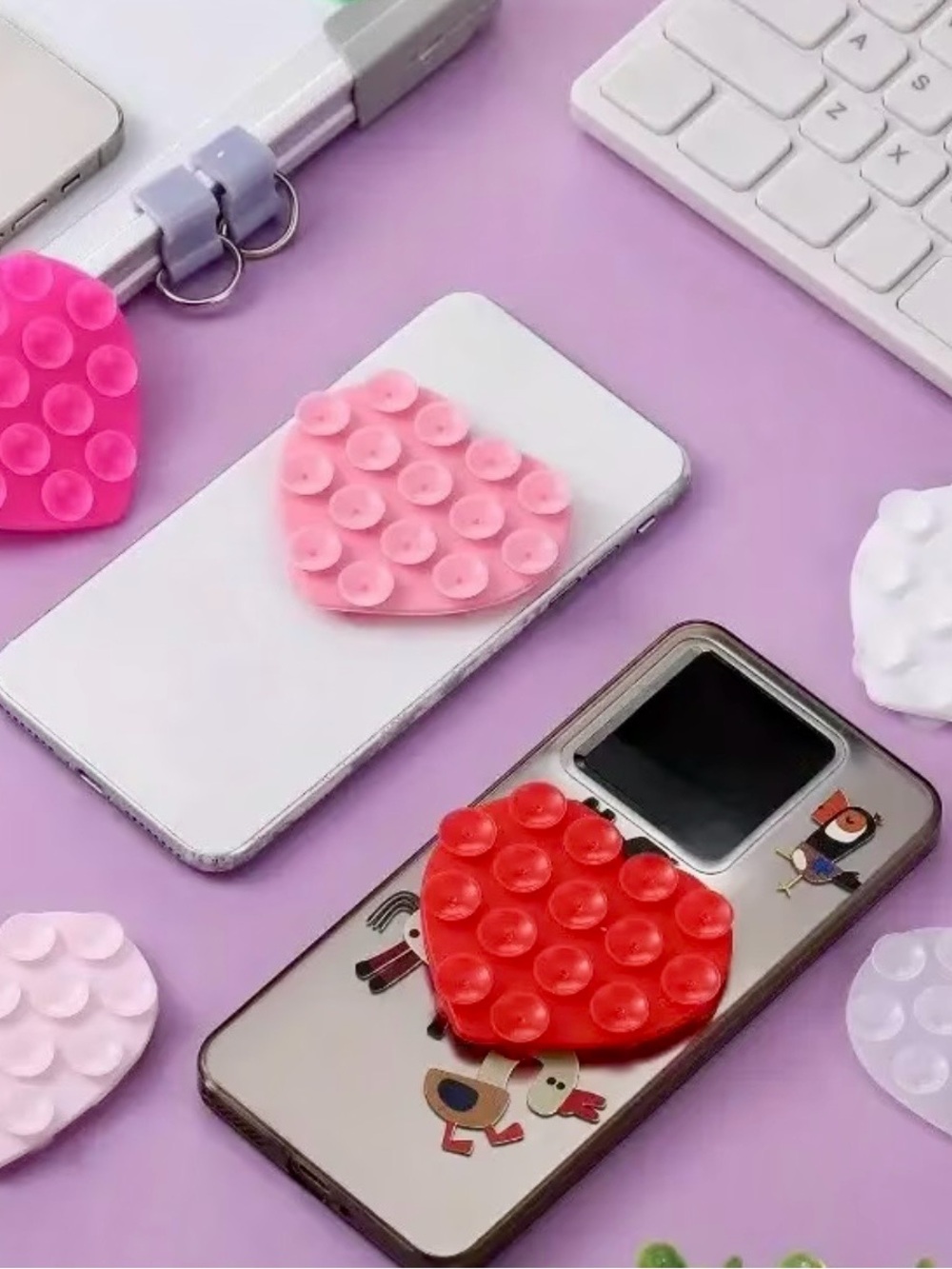 1 Pink Heart-Shaped Double-Sided Suction Cups, Hands-Free Phone Non-Slip Grip